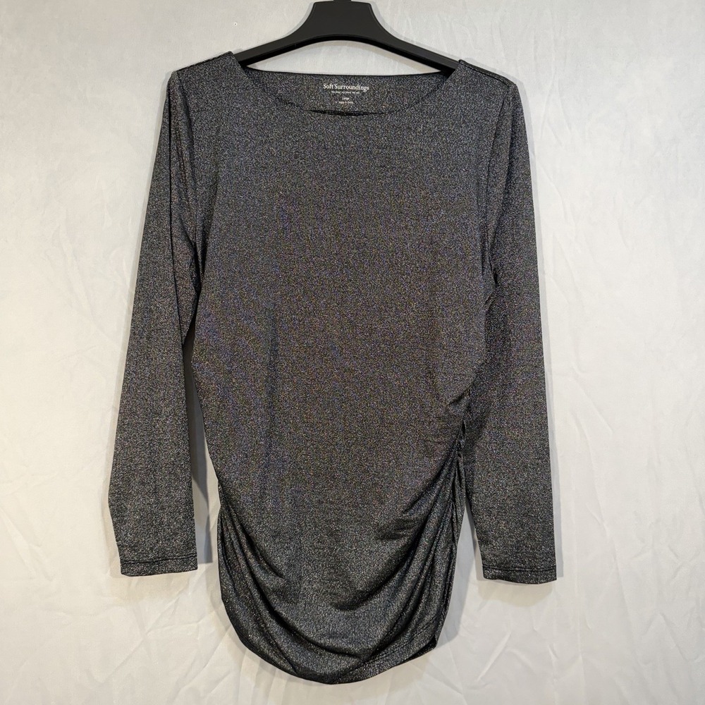 Soft Surroundings Round Neck Silver‎ Metallic Long Sleeve Side Ruching Top L